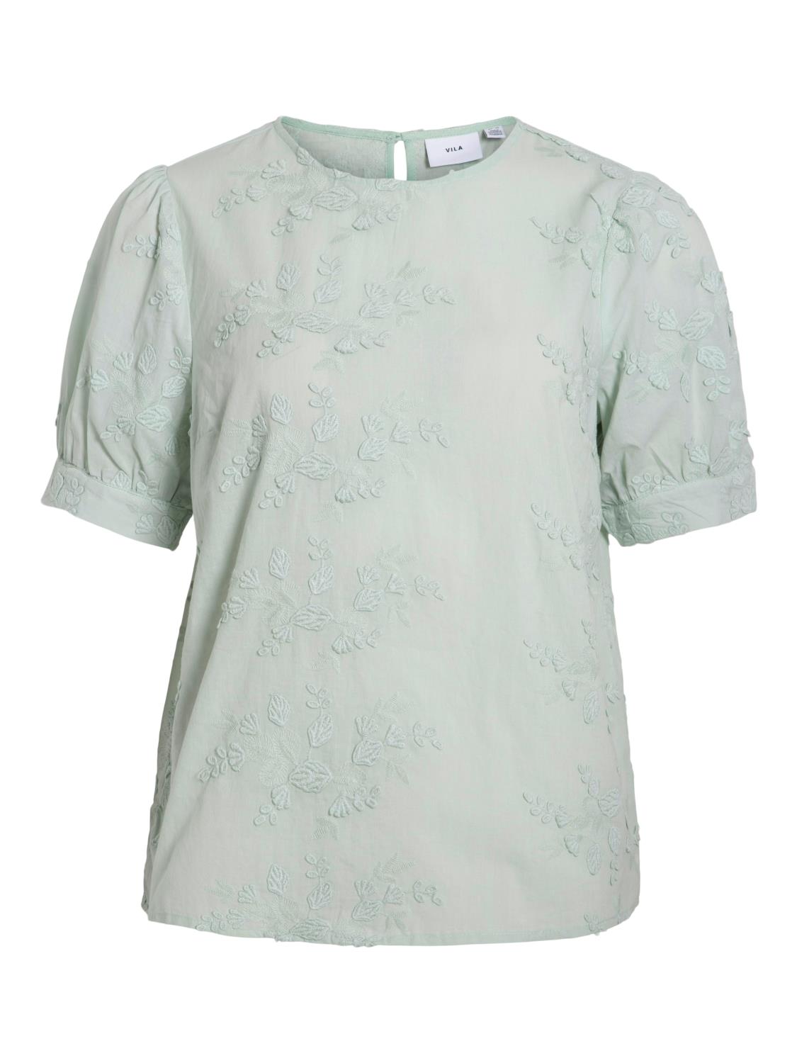 Vila Visonja O-neck S/S Top, lys grønn/broderi