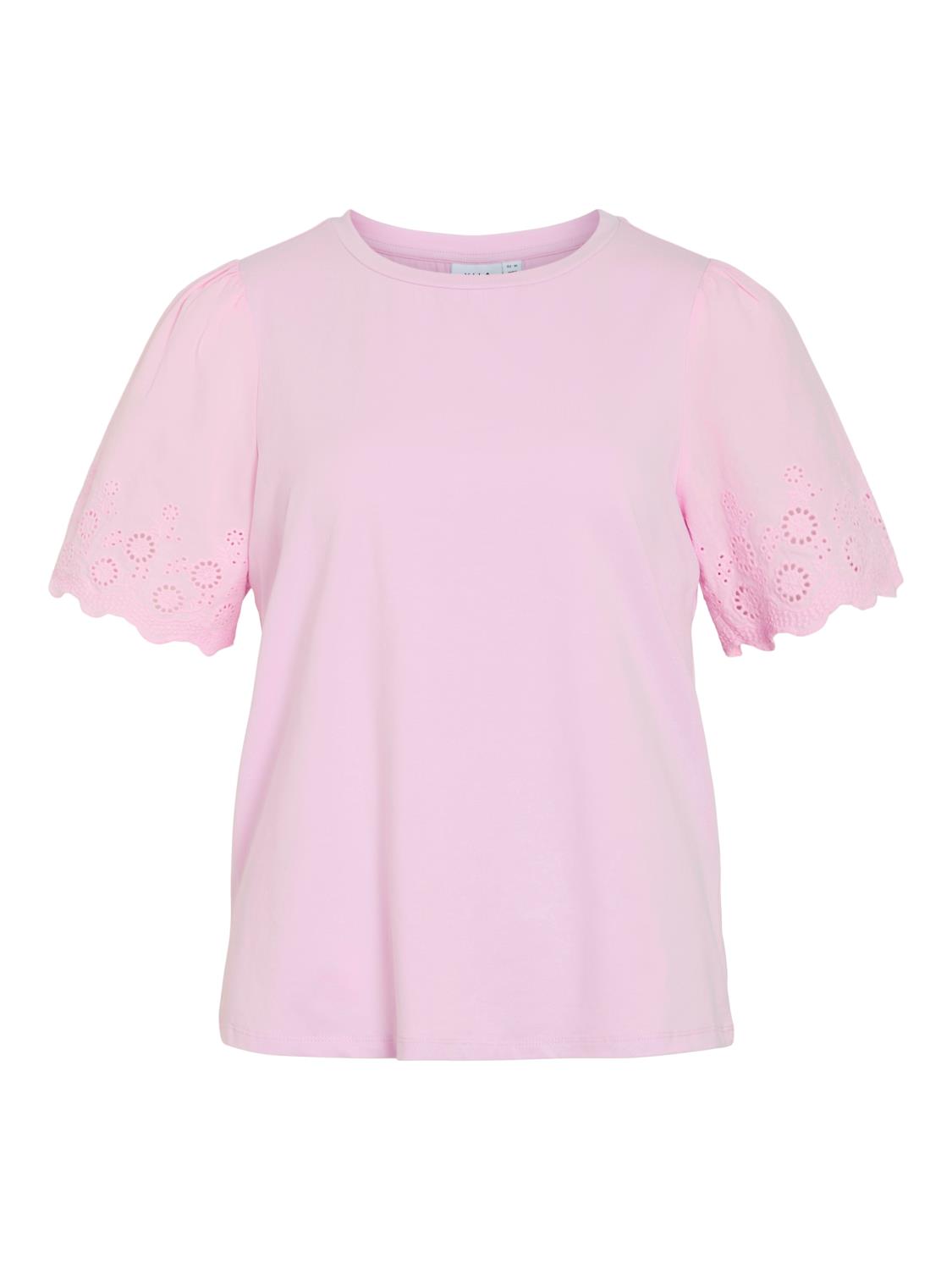 Vila Vieliana O-neck S/S Top, rosa/broderi