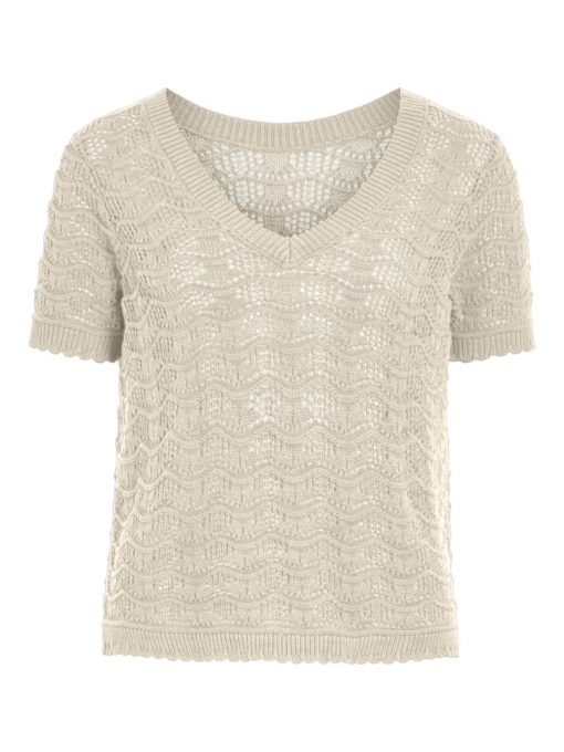 Vila Vicoby V-neck S/S knit top, lys beige