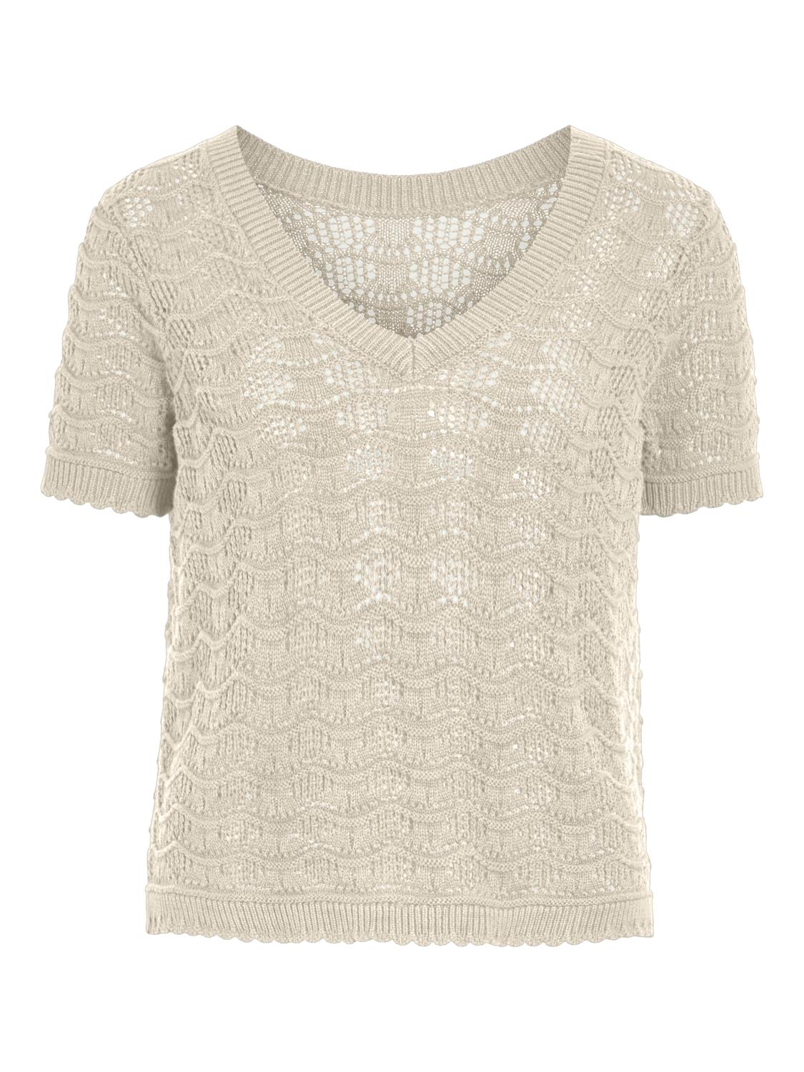 Vila Vicoby V-neck S/S knit top, lys beige