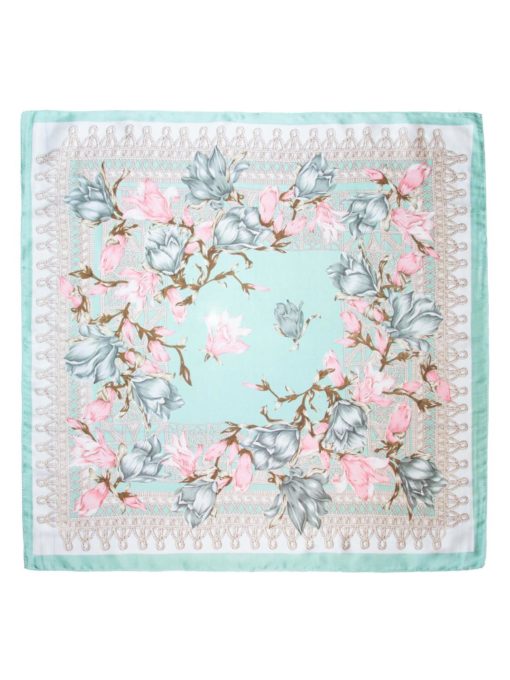 Intex Skandia skjerf m/blomster 70x70cm, lys grønnblå