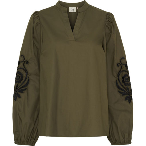 Isay Faja Blouse, bluse med broderi, khakigrønn