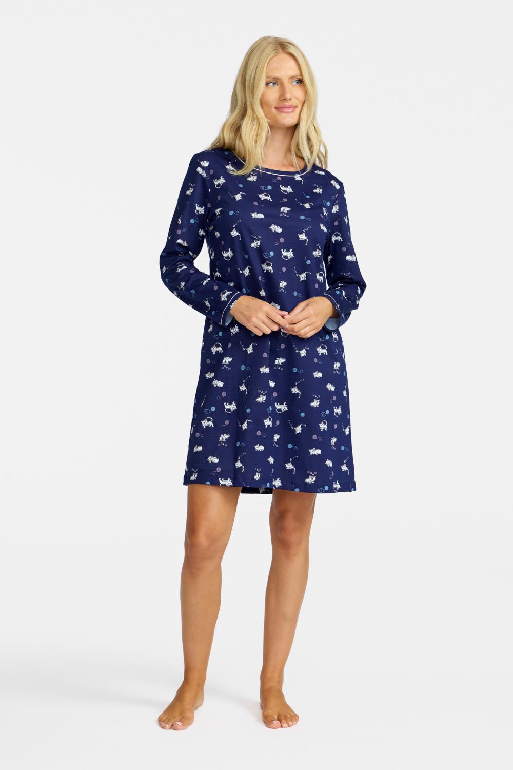 Damella of Sweden Nattkjole m/katte motiv, marineblå