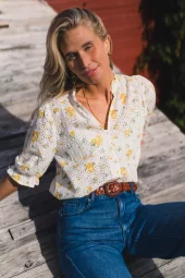 Raus Eivor 2/4 Shirt, hvit/gul blomstret