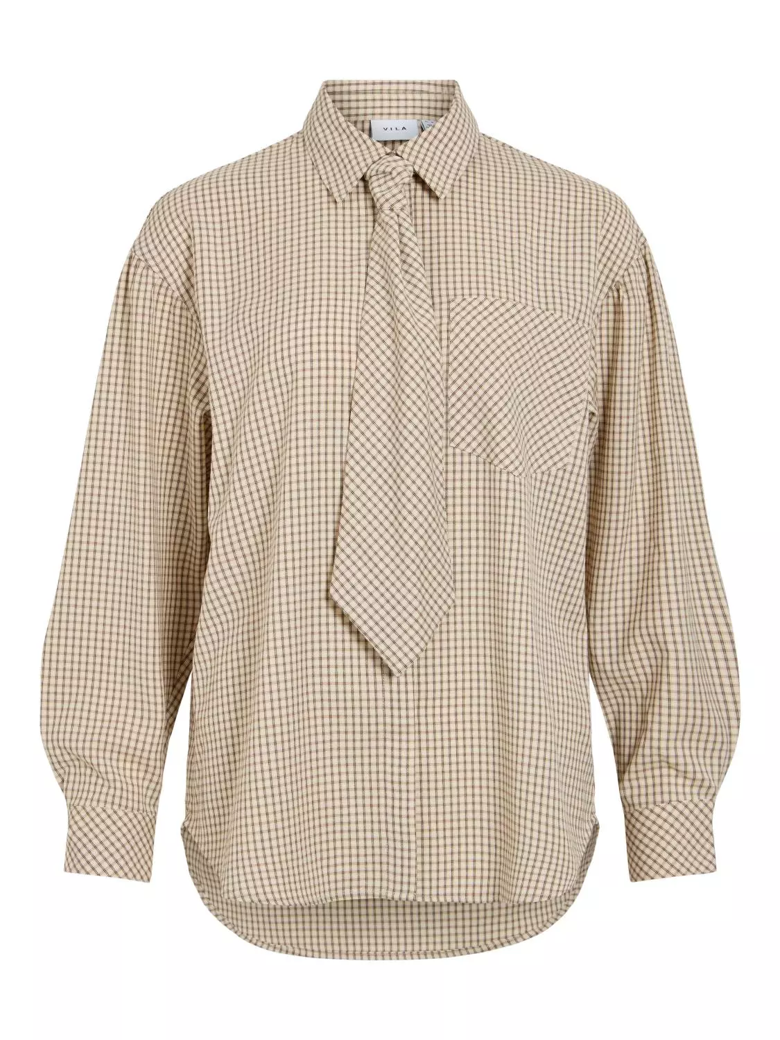 Vila Vinera Loose L/S Shirt, beige rutete