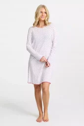 Damella of Sweden, langermet nattkjole, hvit/rød mønstrete