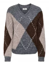 JDY Zoey L/S V-neck Argyle Pullover, grå/ruter