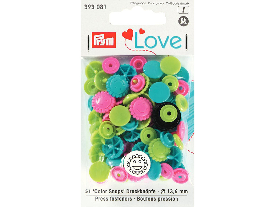 Prym Love – Non-sew Color Snaps – Blomst Turkis/grønn/rosa - 13,6 mm