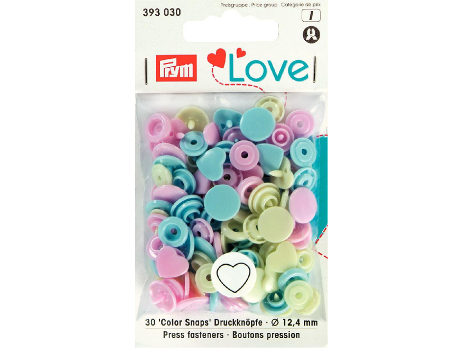 Prym Love – Non-sew Color Snaps – Hjerte rosa/grønn/lys blå - 12,4 mm