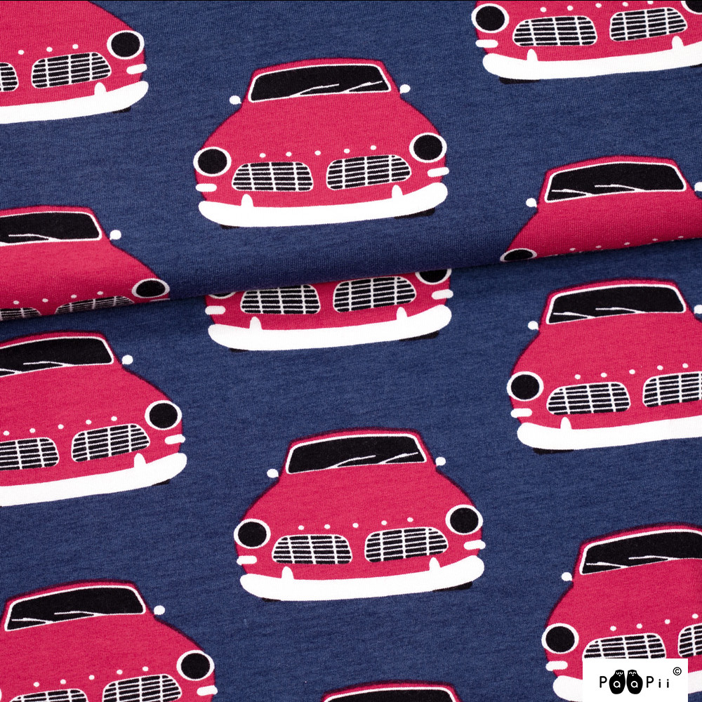 Paapii Design - Vintage cars organic french terry, blueberry - red
