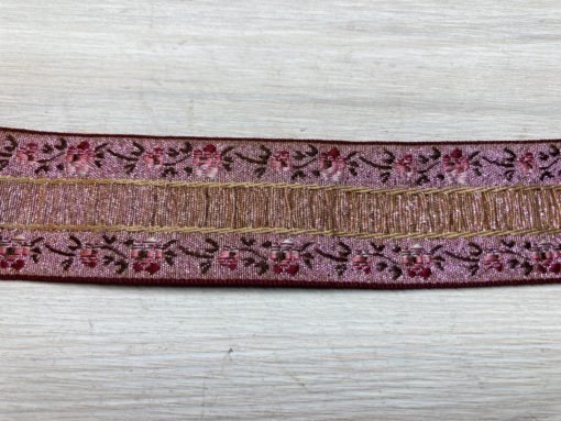 Jaquardbånd - Blomster metalleffekt 30 mm - Rosa bunnfarge