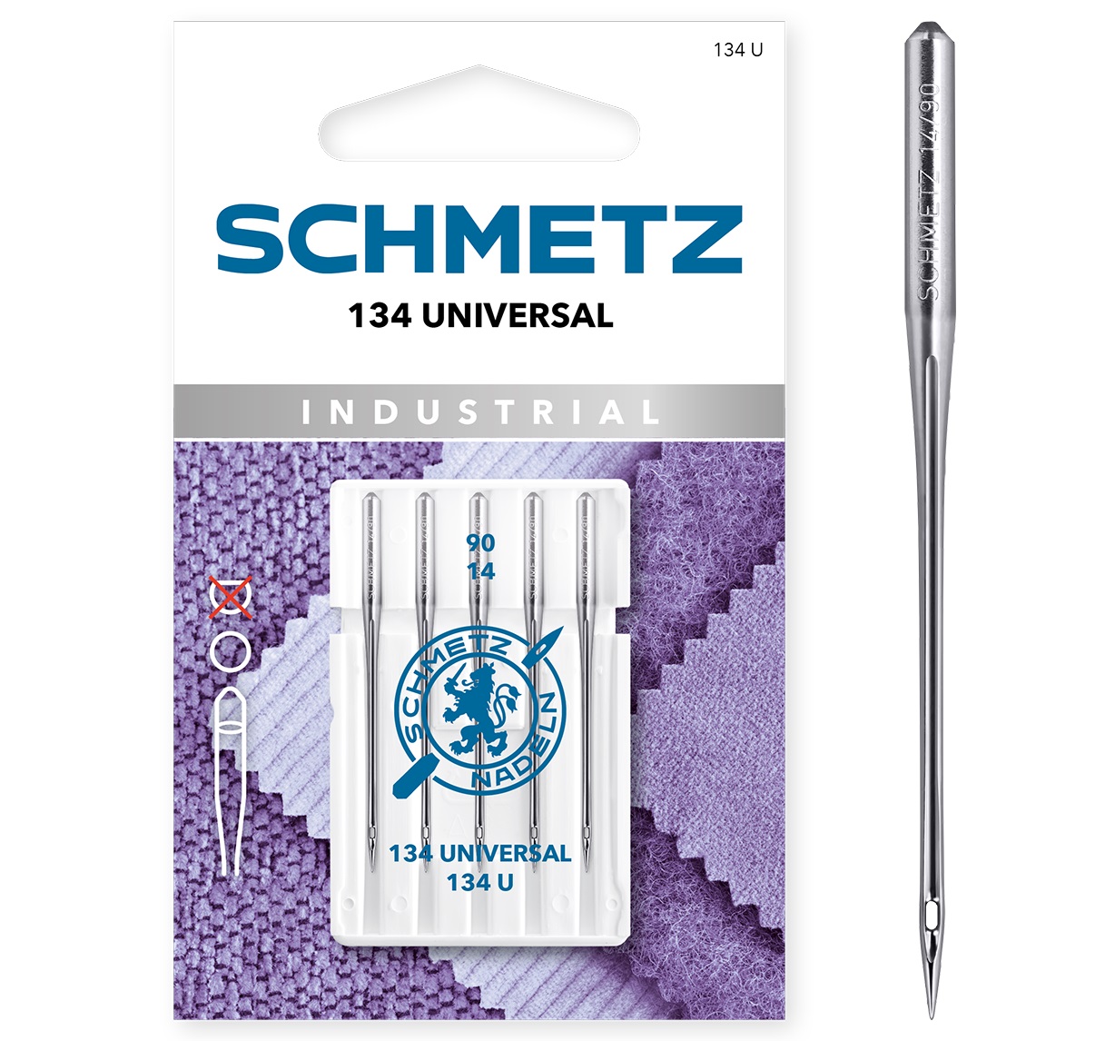 Til industrimaskin - 139090 Schmetz nål 134 U-Universal 90/14 Runt skaft med 2 mm diameter