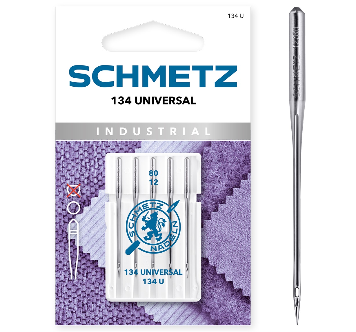 Til industrimaskin -  139080 Schmetz nål 134 U-Universal 80/12 - Runt skaft med 2 mm diameter