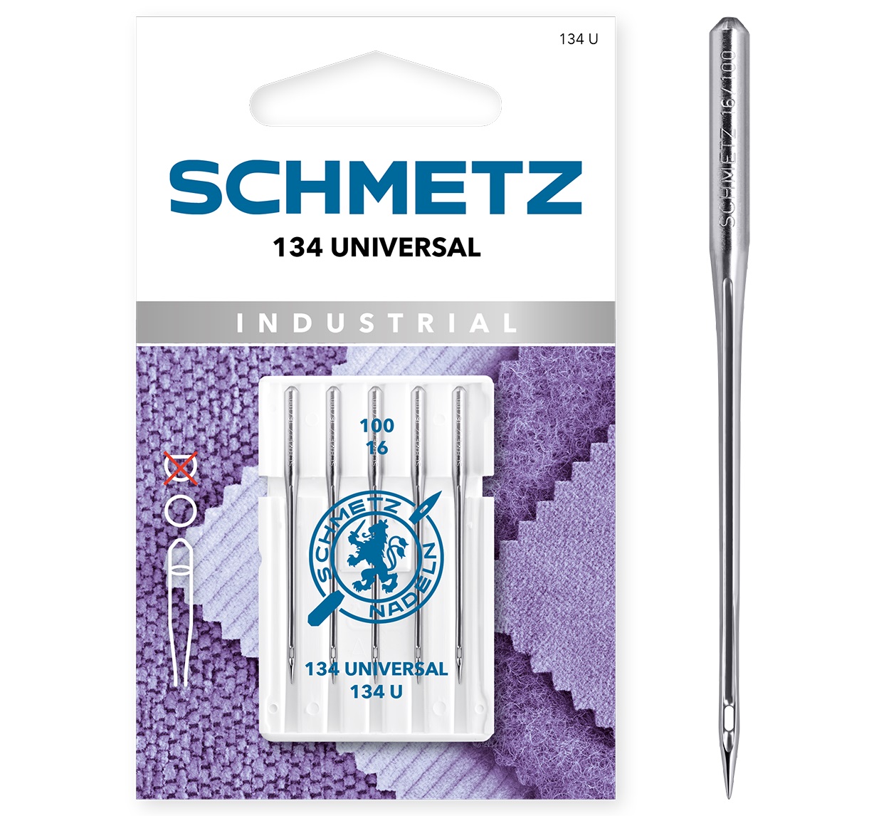 Til industrimaskin -  139100 Schmetz nål 134 U-Universal 100/16 - Runt skaft med 2 mm diameter