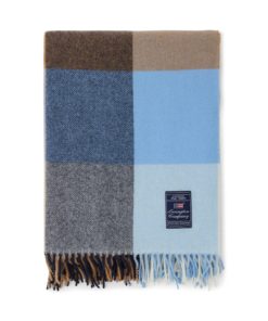 Checked recycled wool throw, blue/mid brown multi