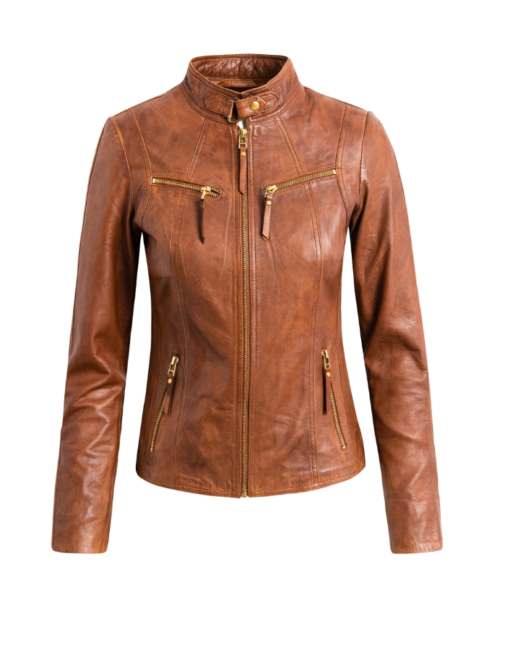 Biker jacket, dark cognac w. gold acc