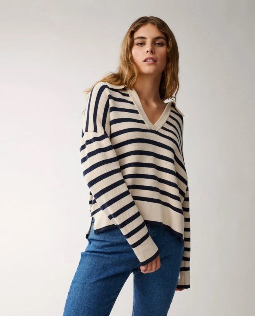 Lexington Peyton Full Milano Knitted Polo Sweater - genser - Blue/White stripe