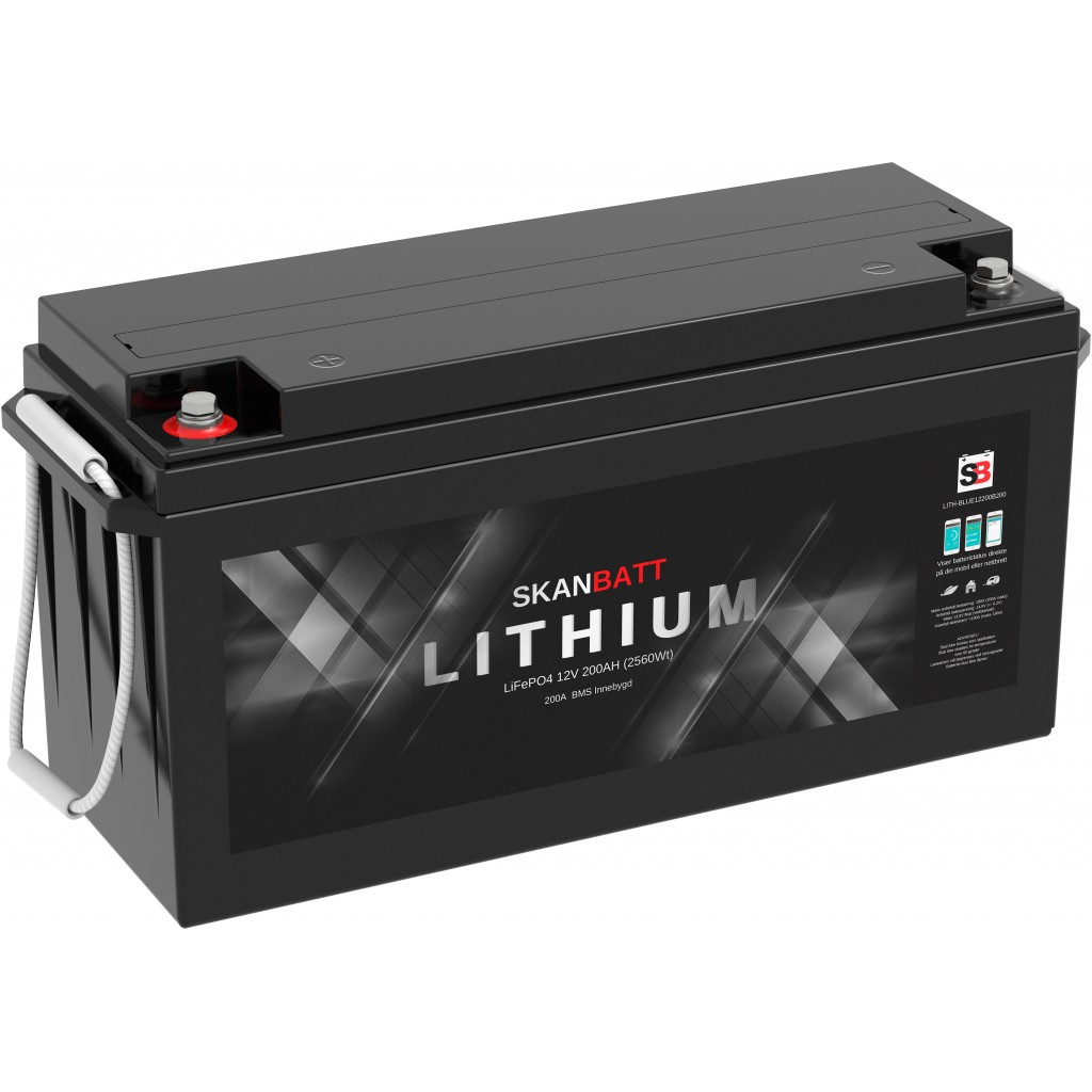 SKANBATT Bluetooth Lithium Batteri 12V 200AH 200A BMS - 5års Garanti