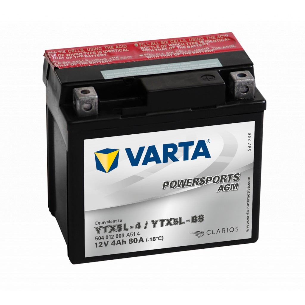 VARTA AGM MC Batteri 12V 4AH 80CCA 114x71x106mm +høyre YTX5L-BS