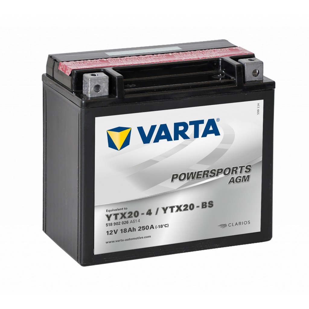 VARTA AGM MC Batteri 12V 18AH 250CCA 177x88x156mm +venstre YTX20-BS