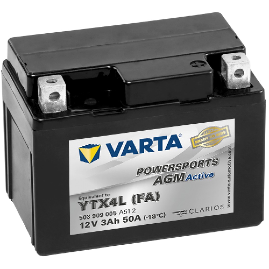 VARTA AGM MC Batteri 12V 3AH 50CCA (113x70x87mm) +høyre YTX4L (FA)