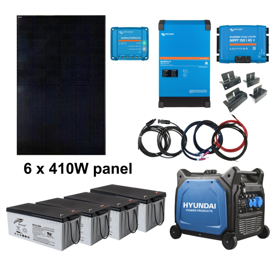 SKANBATT / VICTRON Kraftpakke 230V 5000VA - 2460W (6x410W) Solceller - Med AGM Batterier og HYUNDAI