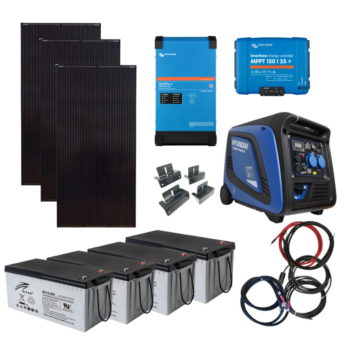 SKANBATT / VICTRON Kraftpakke 230V 3000VA - 1230W (3x410W) Solceller - Med AGM Batterier og HYUNDAI