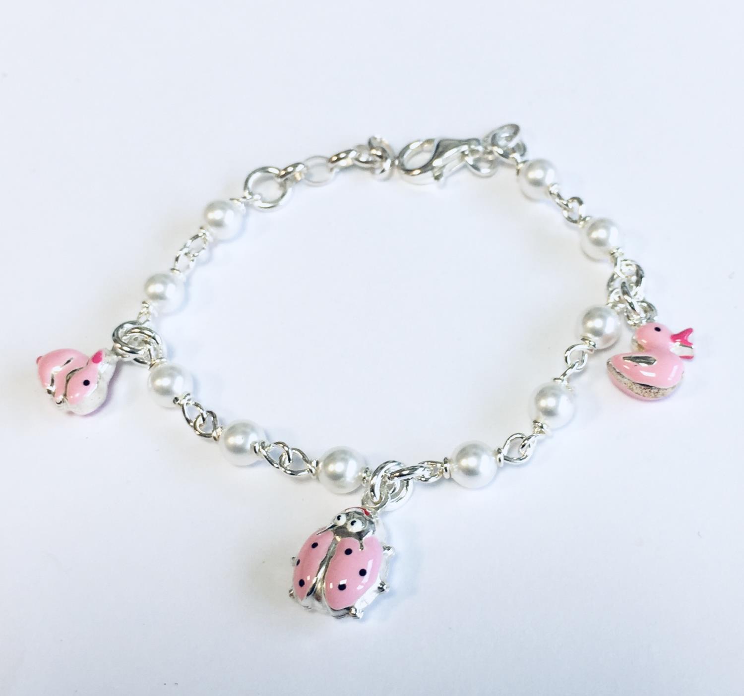 Armlenke sølv 14cm m/perler+rosa emalje figurer