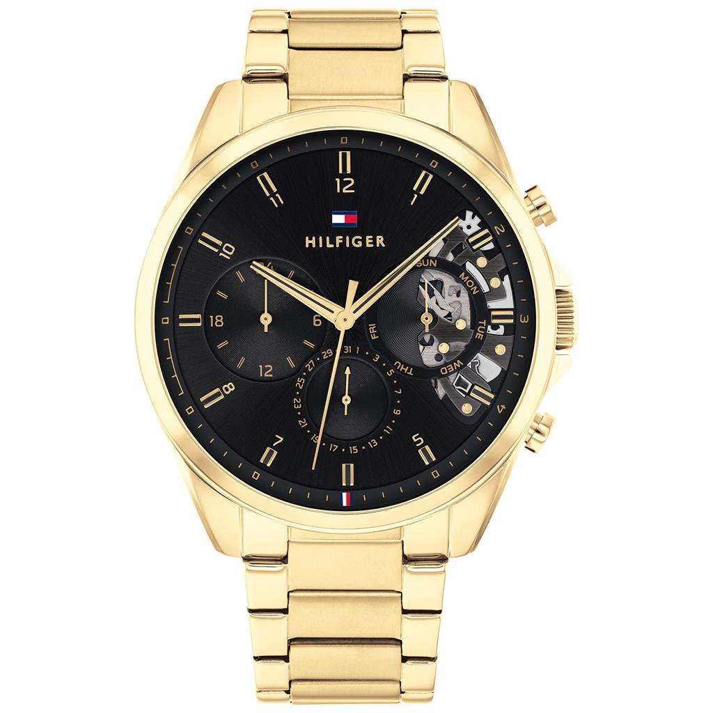 TOMMY HILFIGER KLOKKE 44mm GULLFARGET STÅL M/LENKE /SORT SKIVE HERRE  5 BAR