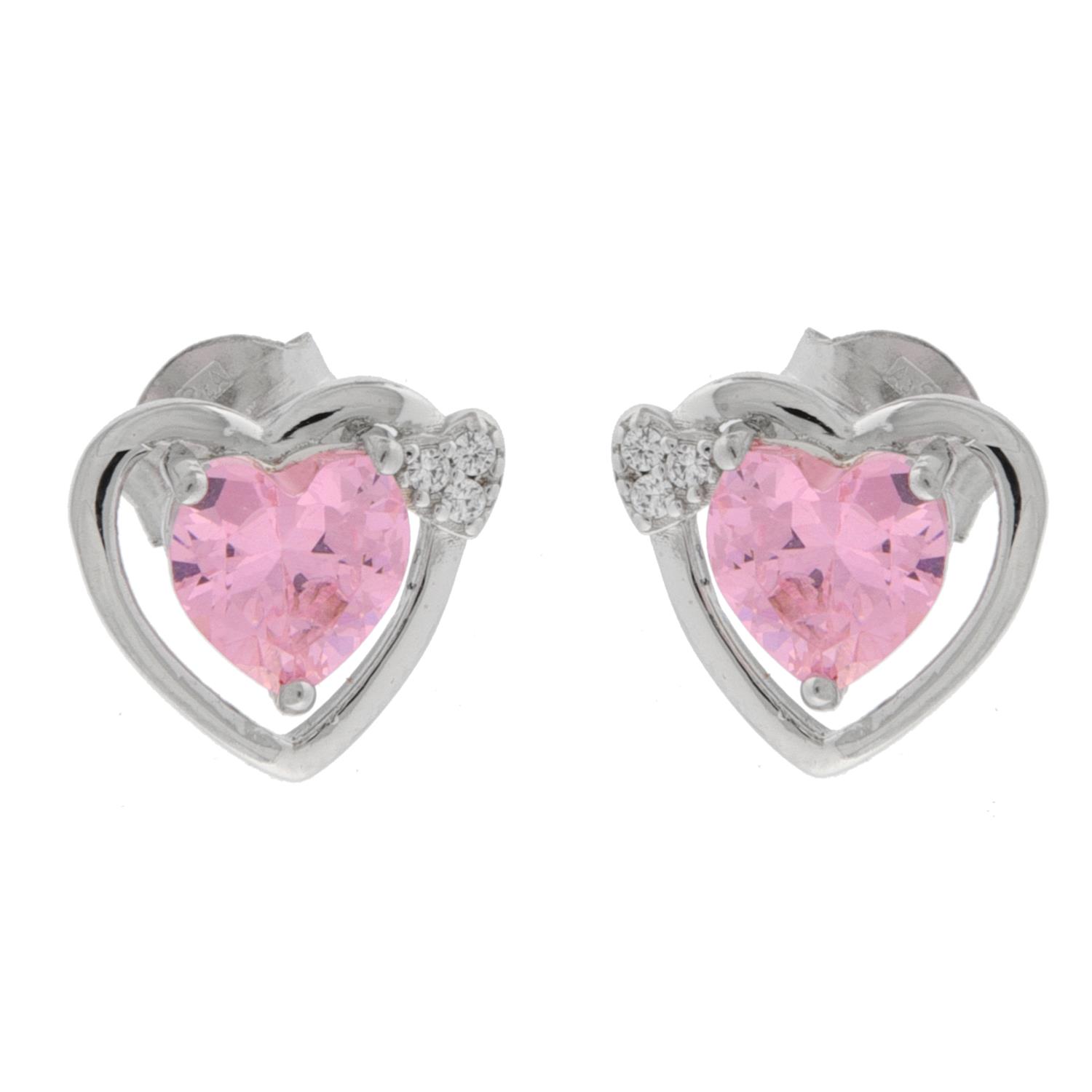 Ørepynt rh.sølv hjerte m/rosa hjerte-zircon+lite hjerte m/3zirconer