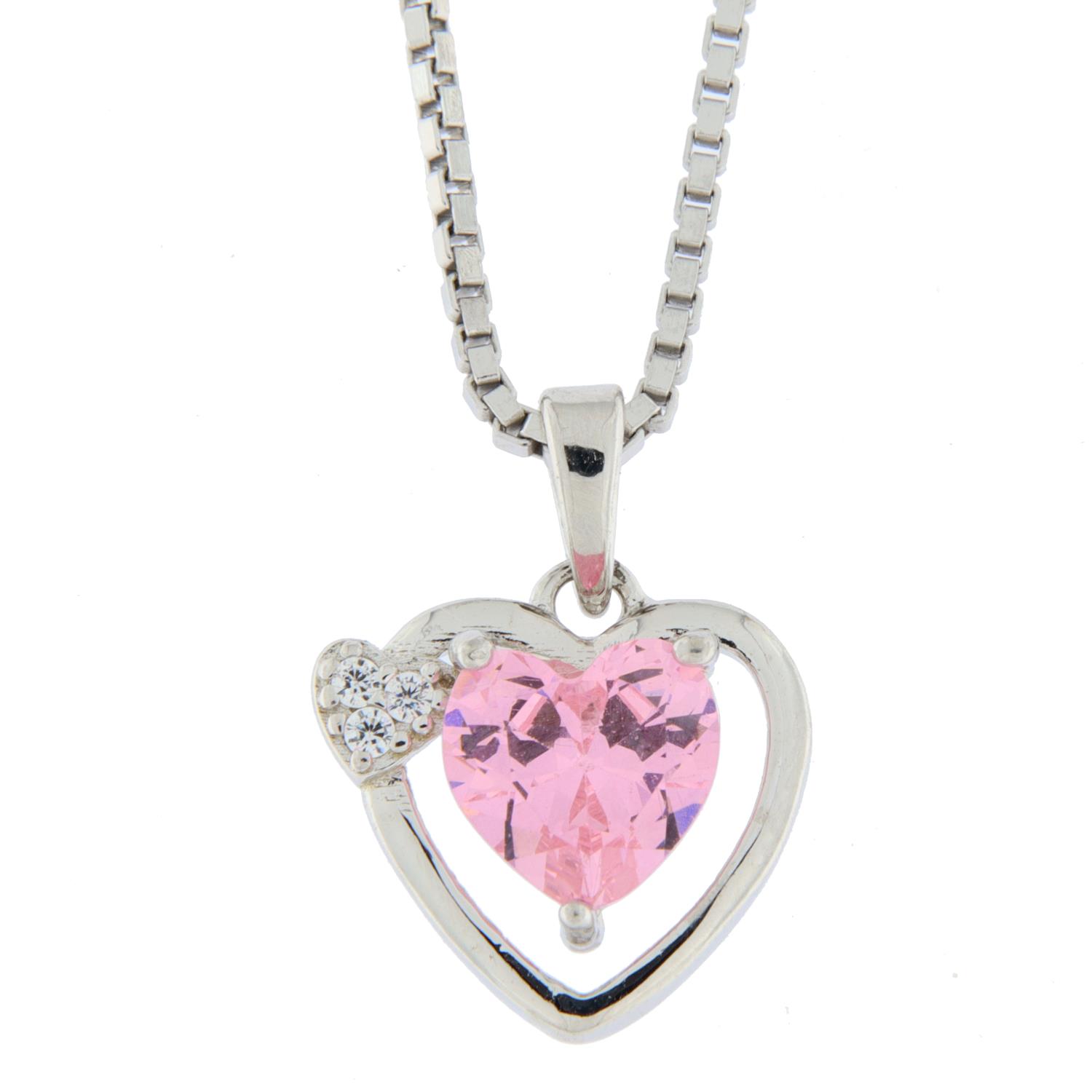 Anheng rh.sølv hjerte m/rosa hjerte-zircon+lite hjerte m/3zirconer