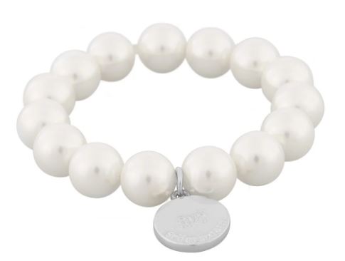 Armlenke "sølv" 12mm hvite perler på strikk, 16ø logoplate
