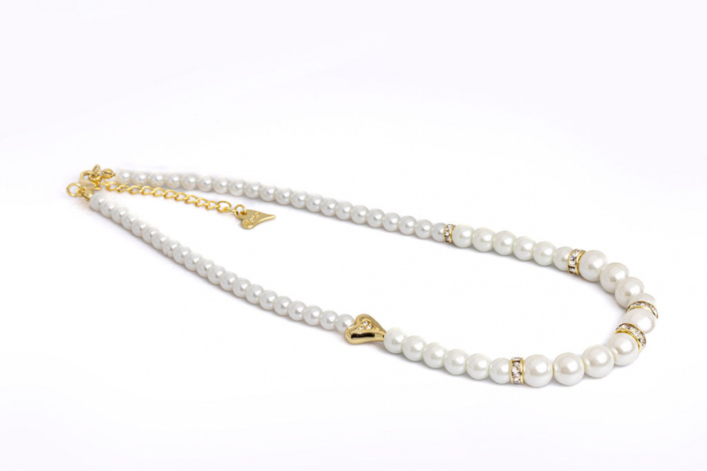 Halssmykke "gull" hvite perler økende str/ "gull"-ledd / hjerte 47+6cm