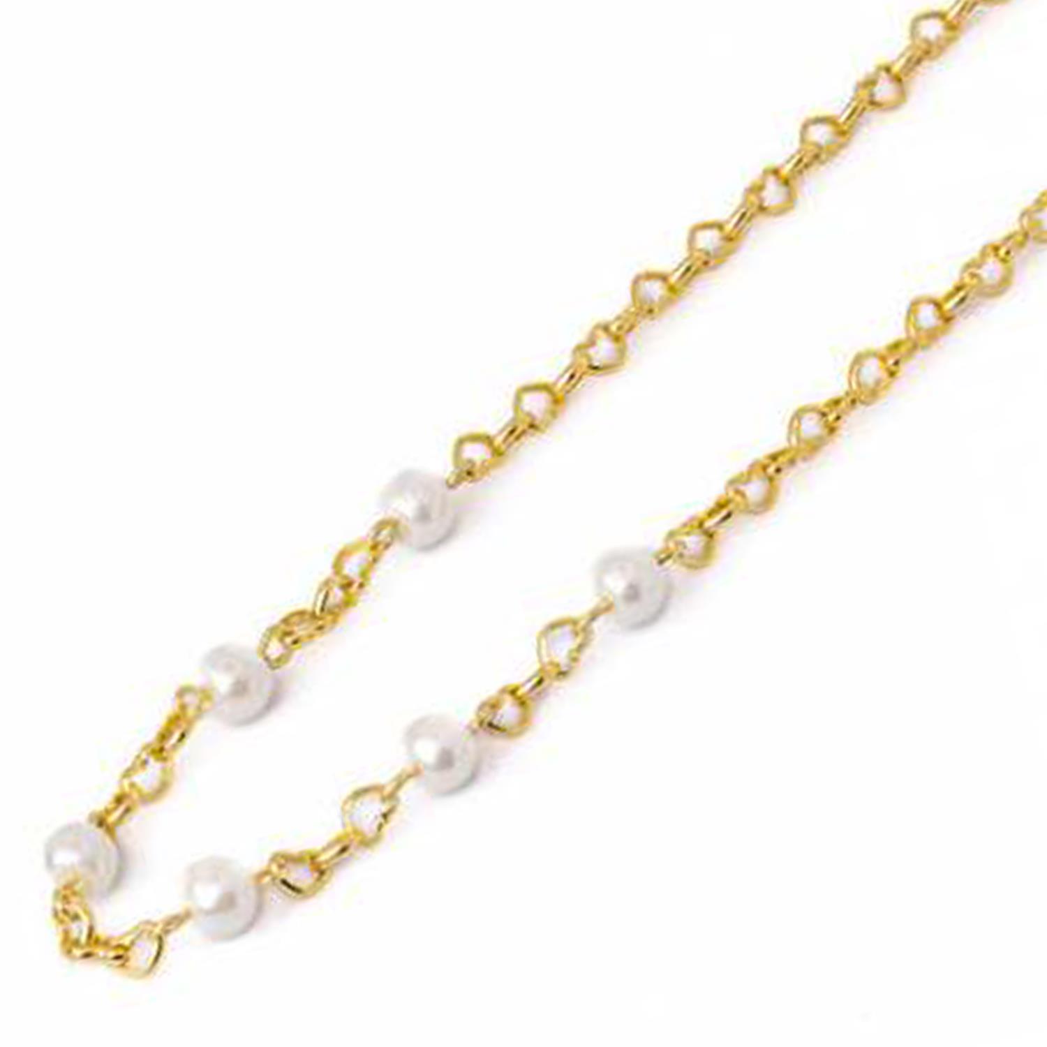 Halssmykke "gull" hjerteformede ledd m/hvite perler foran 45+6cm