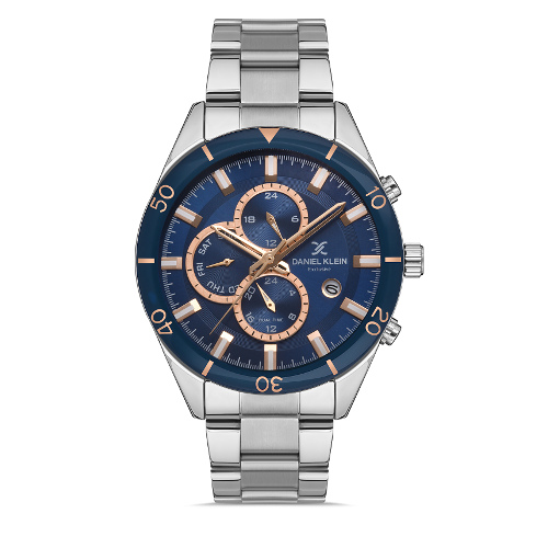 Klokke Daniel Klein Exclusive multifunksjon stål m/blå skive + bezel / rosè detaljer