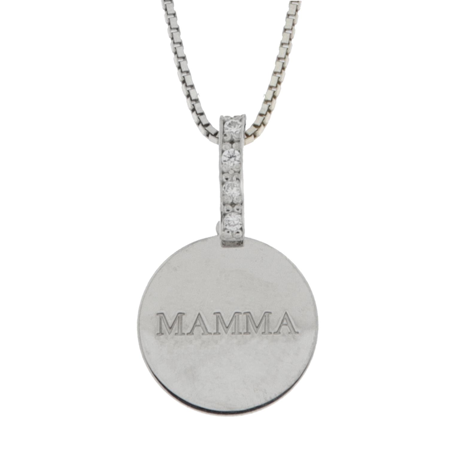 Anheng rh.sølv glatt plate "Mamma" m/blanke stener på hempa