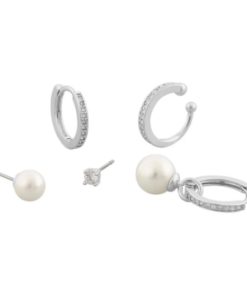 Ørepynt "sølv" earcuff-sett: 1 perle, 1 sten, 1 ørering m/perle, 1 ørering, 1 ørecuff m/stener