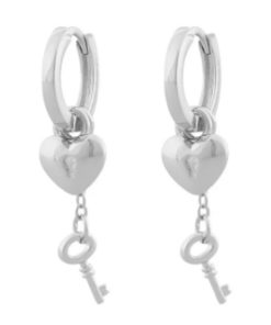 Ørering "sølv" Milano 14ø m/ hjerte-lås og nøkkel charms