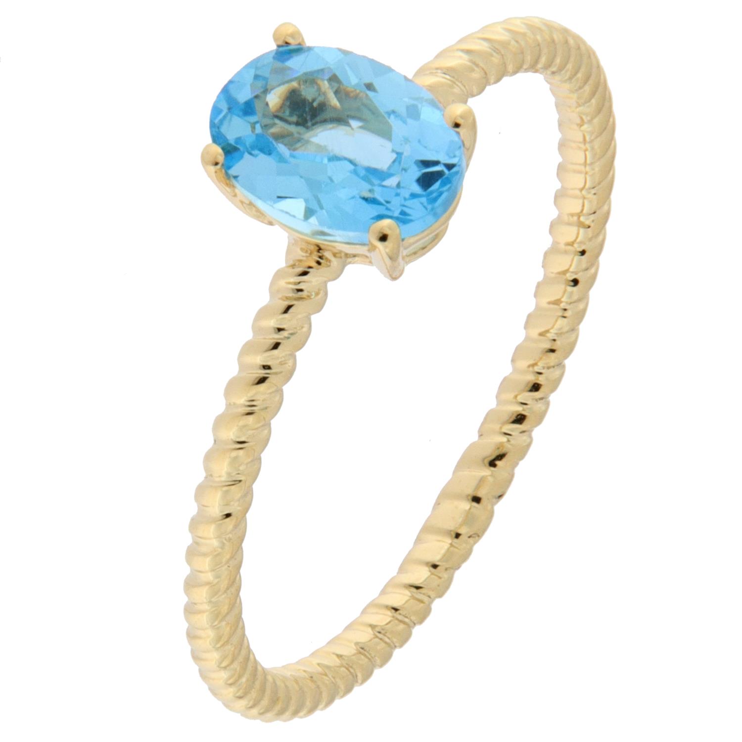 Ring gull 0,90ct blå topaz, oval i 4 klør m/tvinnet ringskinne (Veil. 5990,-)