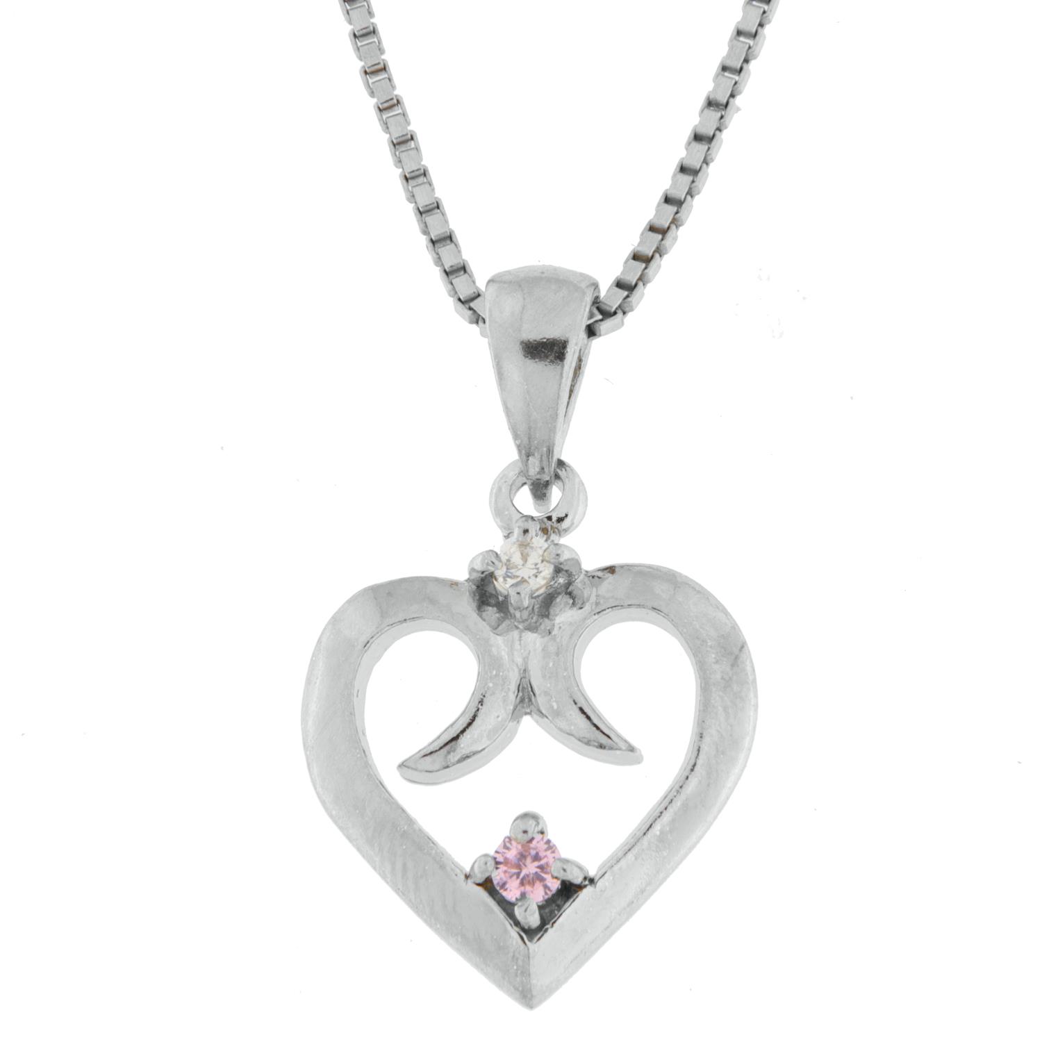 Hjerte rh.sølv buet m/lys rosa zircon i midten + blank zirc. i topp