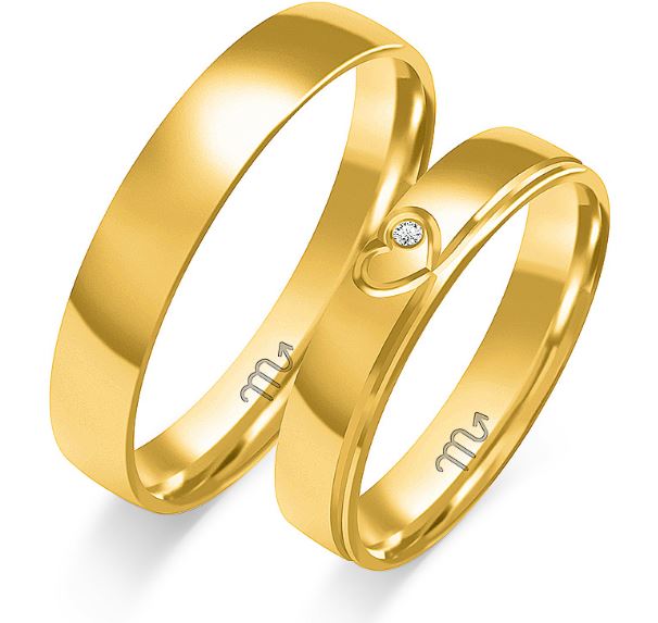 Forl.-/giftering gull 4mm flat glatt m/lite hjerte + 1 diamant m/stripe rundt hele ringen