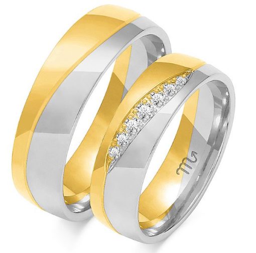 Forl.-/giftering bic.gull 5mm lett buet m/ bølget stripe rundt hele + 7 diamanter foran