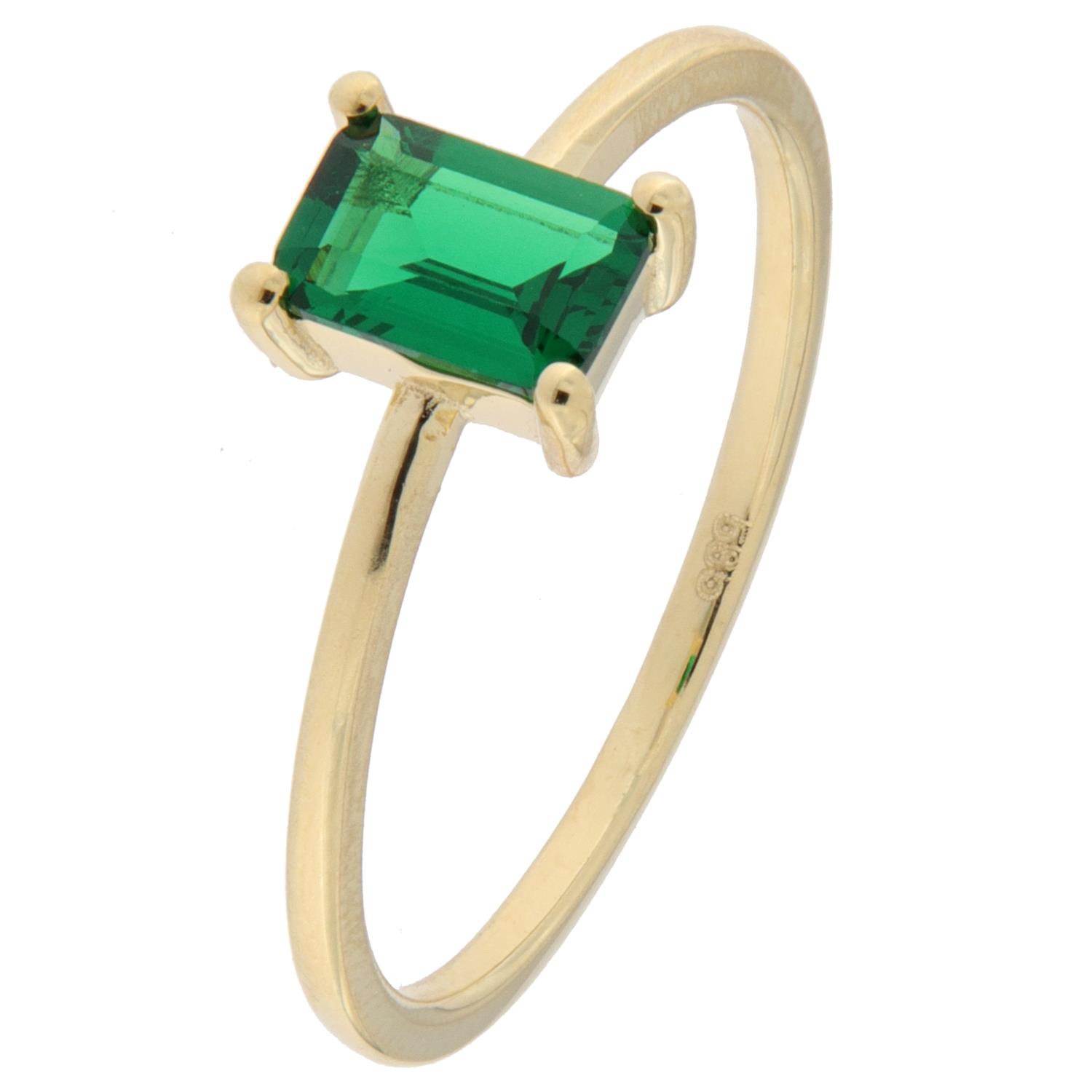 Ring gull grønn rektangulær zircon 4x6mm på smal ringskinne
