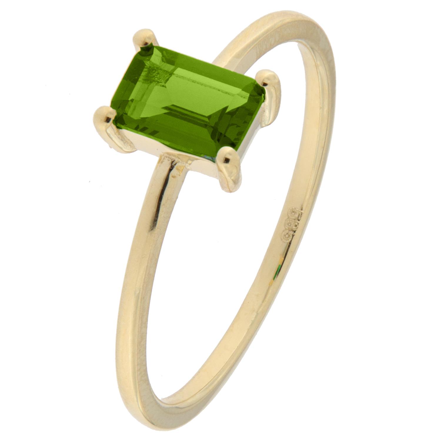 Ring gull olivengrønn rektangulær zircon 4x6mm på smal ringskinne