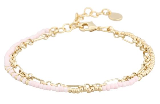Armlenke "gull" 2r: 1 ert-Figaro, 1 lys rosa mix perler 16+4cm