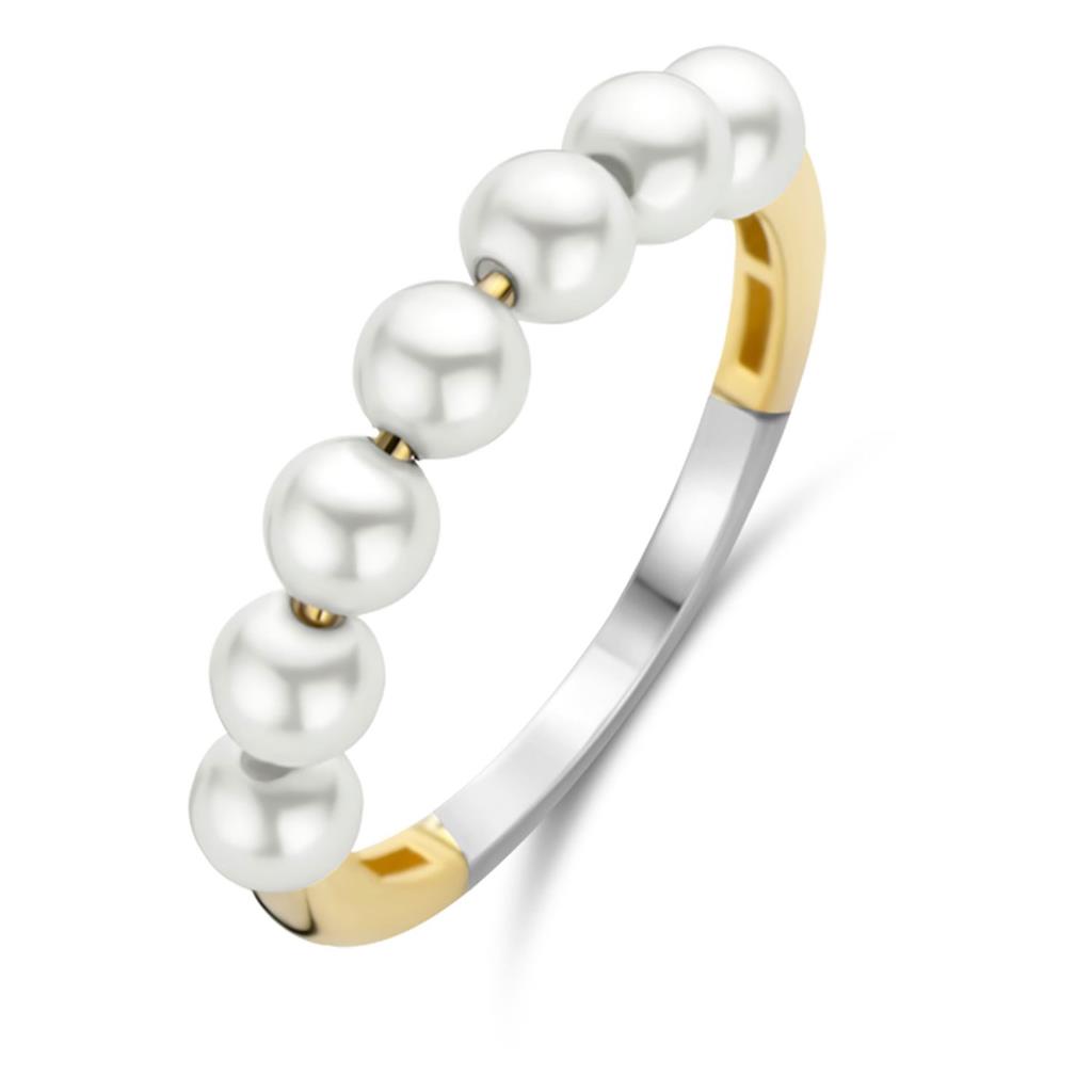 Ring fg.sølv 4mm hvite perler på rekke foran (shell pearl)