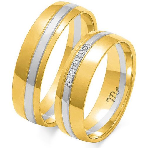 Forl.-/giftering bic.gull 6mm lett buet m/bølget stripe av hvitt gull + 5 diamanter/ rund innvendig