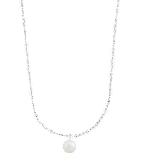 Collier "sølv" Arizona 6mm hvit perle på tynn pz-kjede med små kuler 42cm