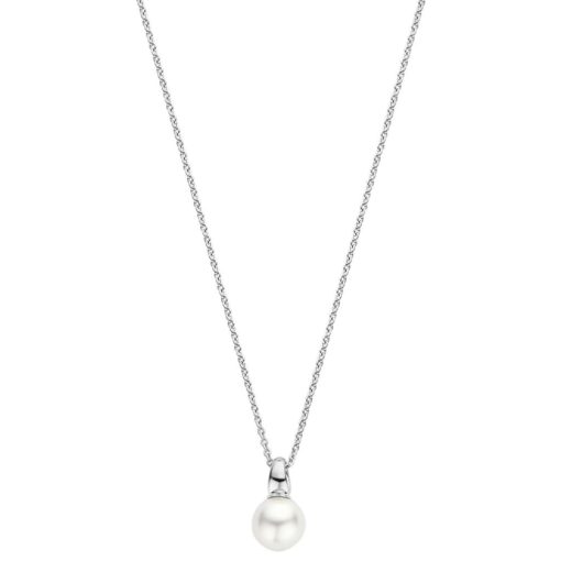 Collier rh.sølv 8mm hvit perle på sølv hempe 38+10cm