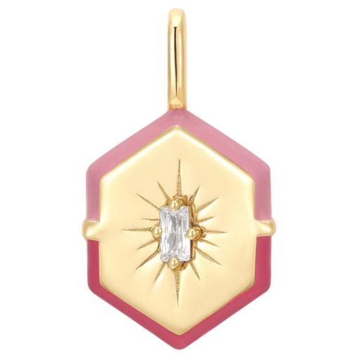 Charms til smykke/arml fg.sølv Hexagon m/rosa emalje + stjerne midt i